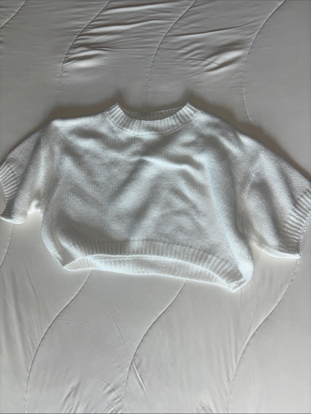 Cropped White Crewneck Sweater - Lightweight Short Sleeve Knit